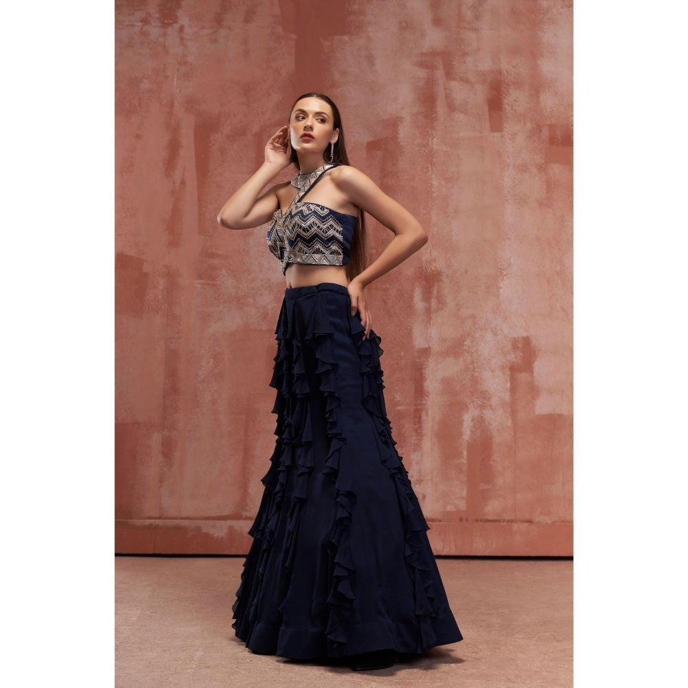 Suruchi Parakh Womens Navy Blue Embellished Top and Skirt (Set of 2)