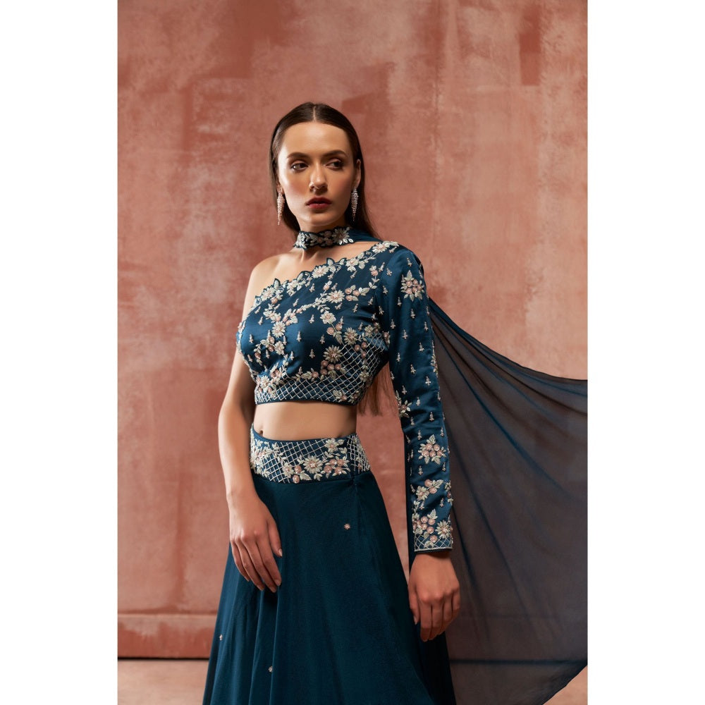 Suruchi Parakh Teal Womens Embellished Blouse with Lehenga and Dupatta (Set of 3)