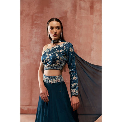 Suruchi Parakh Teal Womens Embellished Blouse with Lehenga and Dupatta (Set of 3)