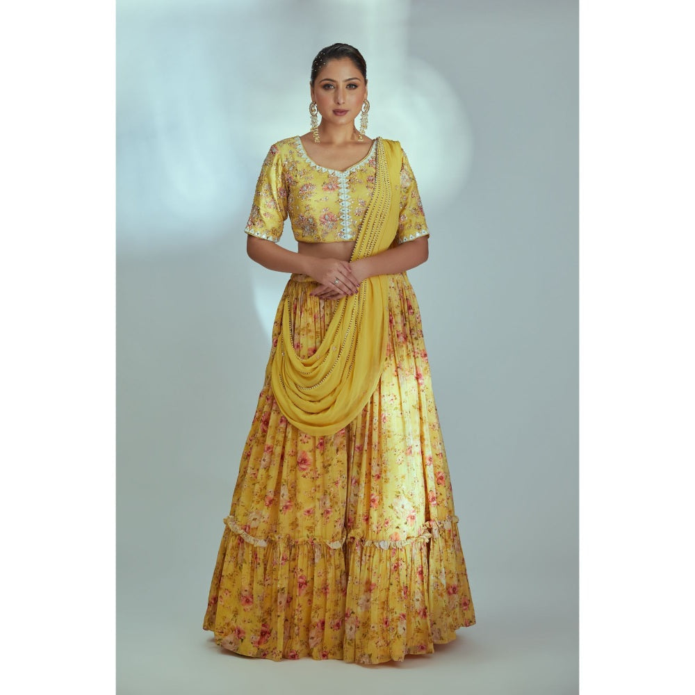 Suruchi Parakh Womens Yellow Floral Print Blouse with Lehenga and Dupatta (Set of 3)