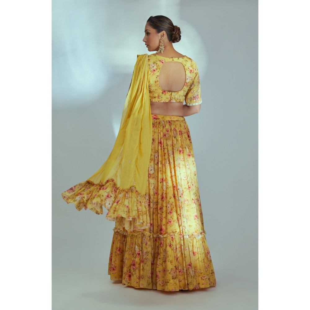 Suruchi Parakh Womens Yellow Floral Print Blouse with Lehenga and Dupatta (Set of 3)