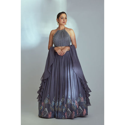 Suruchi Parakh Blue Womens Embellished Blouse with Lehenga and Dupatta (Set of 3)