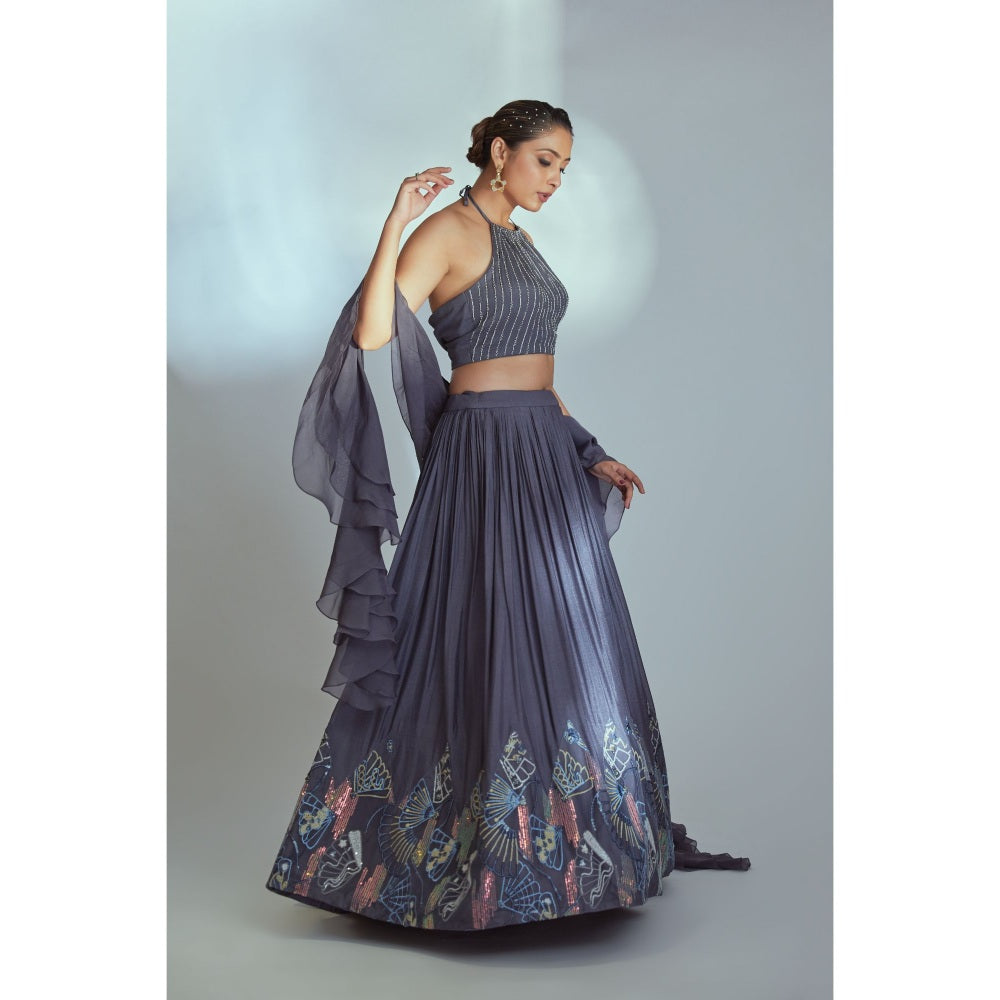 Suruchi Parakh Blue Womens Embellished Blouse with Lehenga and Dupatta (Set of 3)