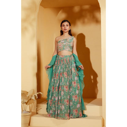 Suruchi Parakh Womens Green Floral Print Blouse and Lehenga with Dupatta (Set of 3)