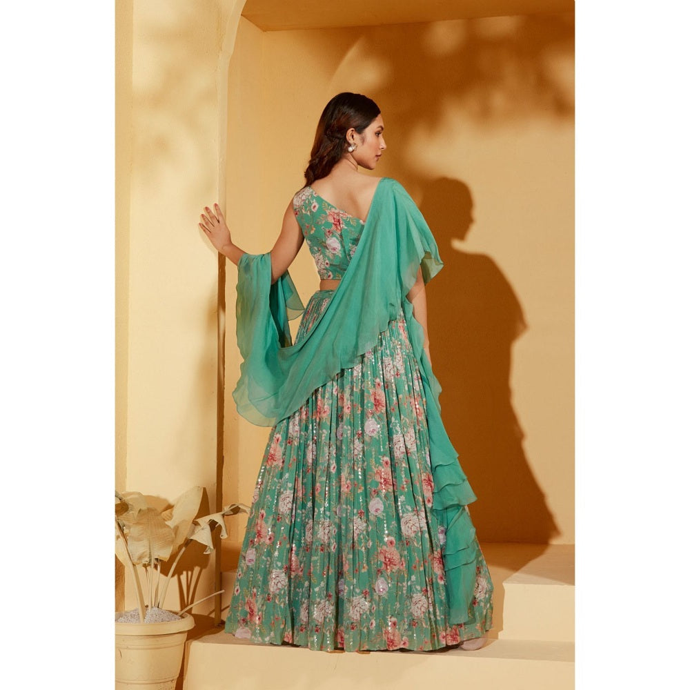 Suruchi Parakh Womens Green Floral Print Blouse and Lehenga with Dupatta (Set of 3)