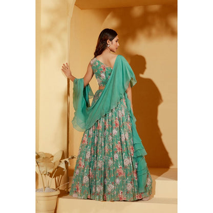 Suruchi Parakh Womens Green Floral Print Blouse and Lehenga with Dupatta (Set of 3)