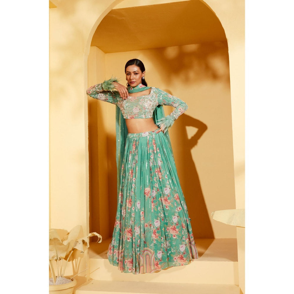 Suruchi Parakh Womens Green Floral Print Blouse with Lehenga and Dupatta (Set of 3)
