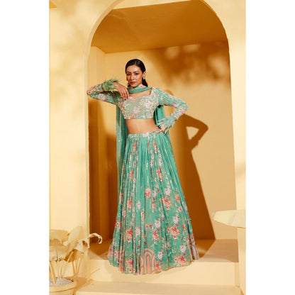 Suruchi Parakh Womens Green Floral Print Blouse with Lehenga and Dupatta (Set of 3)