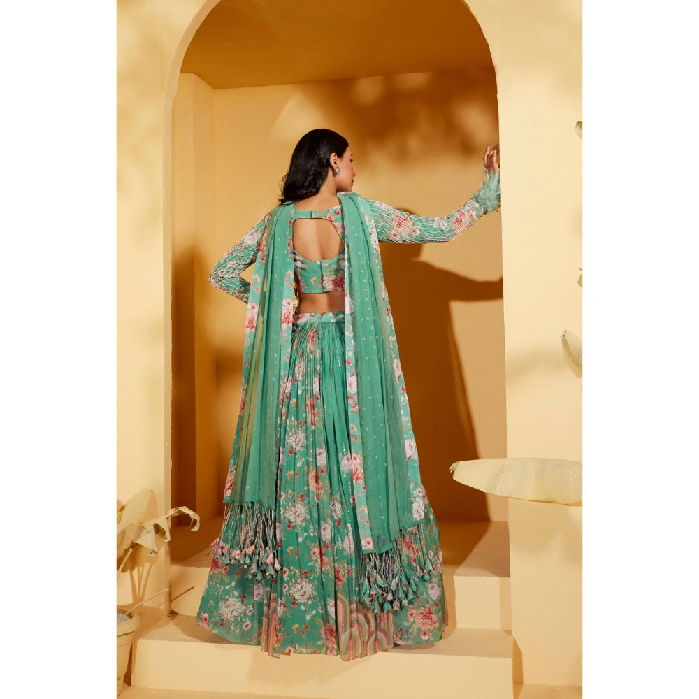 Suruchi Parakh Womens Green Floral Print Blouse with Lehenga and Dupatta (Set of 3)
