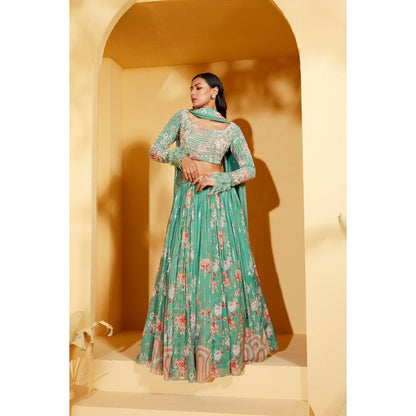 Suruchi Parakh Womens Green Floral Print Blouse with Lehenga and Dupatta (Set of 3)