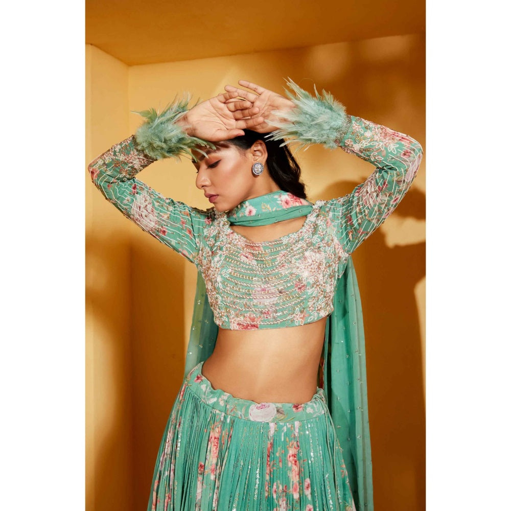 Suruchi Parakh Womens Green Floral Print Blouse with Lehenga and Dupatta (Set of 3)