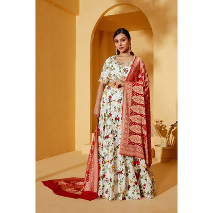 Suruchi Parakh Womens White Floral Print Blouse and Lehenga with Dupatta (Set of 3)