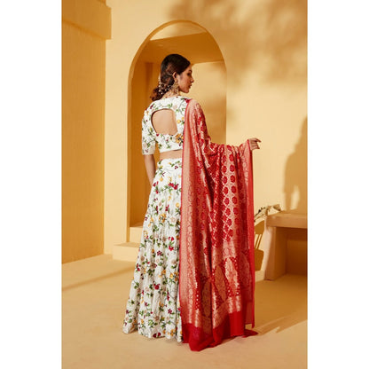Suruchi Parakh Womens White Floral Print Blouse and Lehenga with Dupatta (Set of 3)