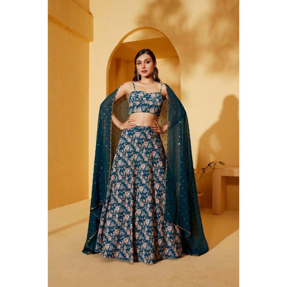 Suruchi Parakh Womens Teal Floral Print Blouse with Lehenga and Dupatta (Set of 3)
