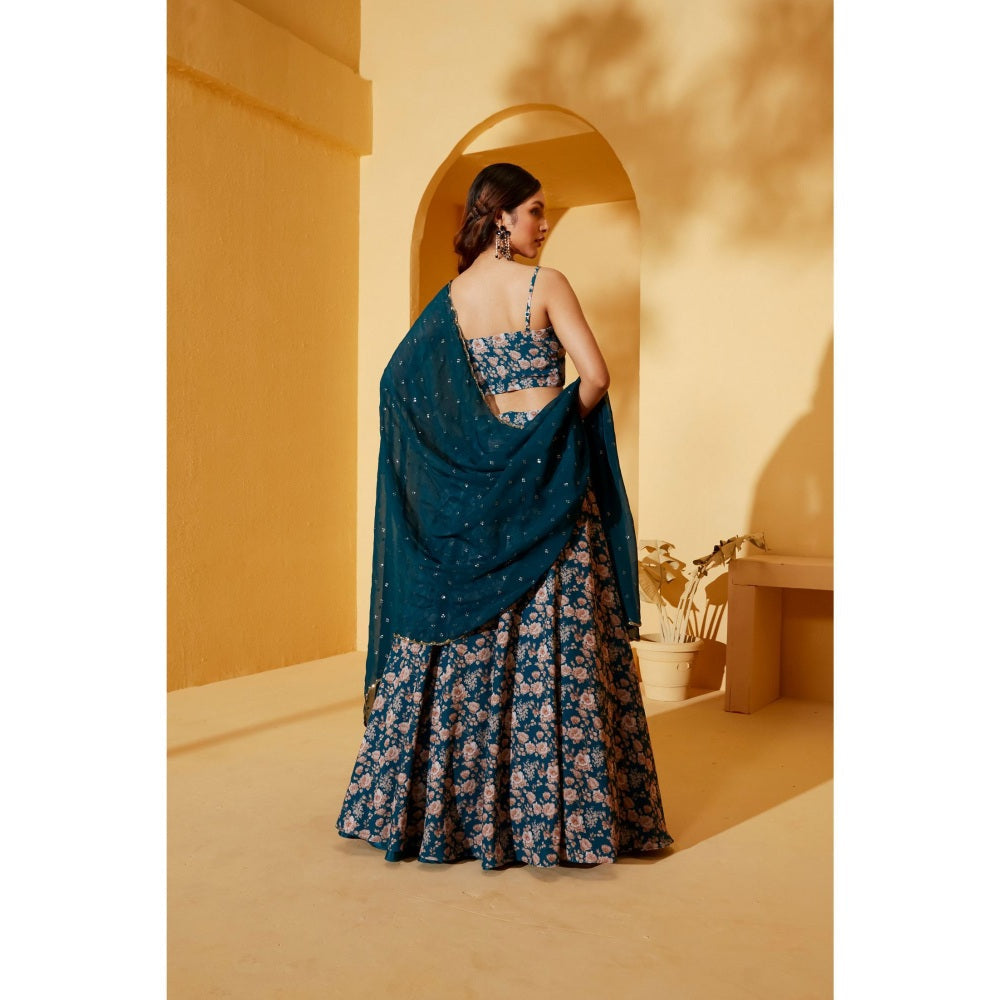 Suruchi Parakh Womens Teal Floral Print Blouse with Lehenga and Dupatta (Set of 3)