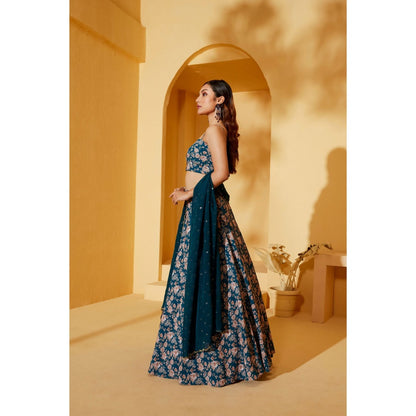 Suruchi Parakh Womens Teal Floral Print Blouse with Lehenga and Dupatta (Set of 3)