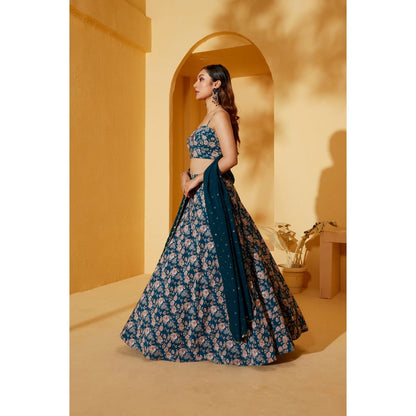 Suruchi Parakh Womens Teal Floral Print Blouse with Lehenga and Dupatta (Set of 3)