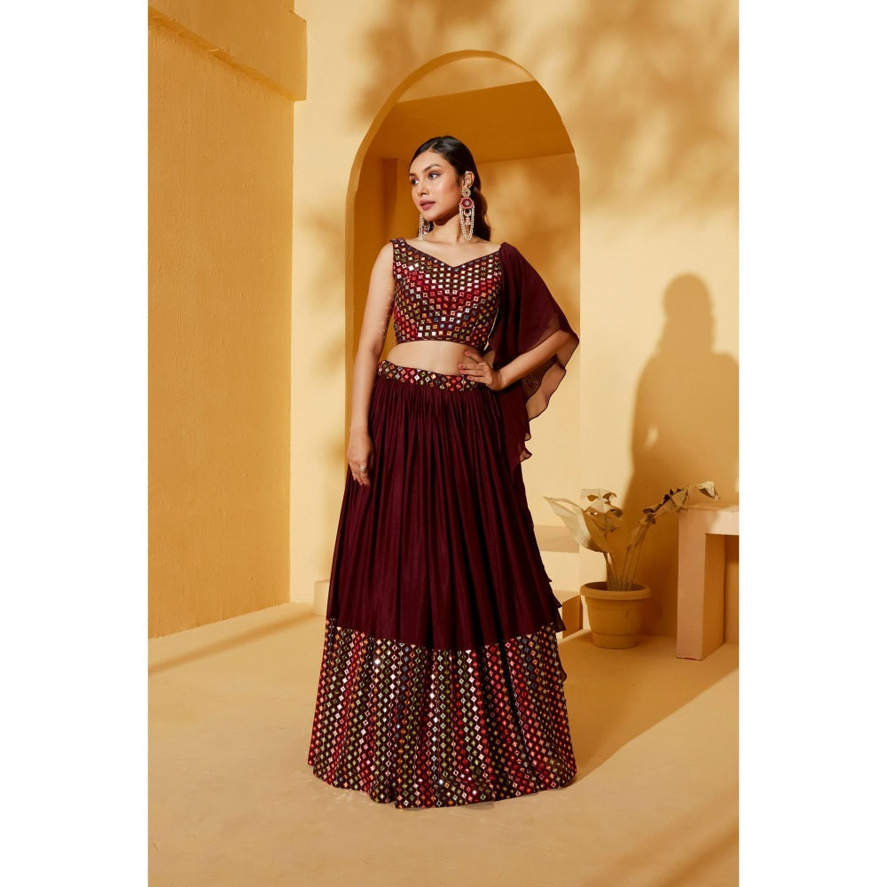 Suruchi Parakh Womens Maroon Mirror Work Blouse with Lehenga and Dupatta (Set of 3)
