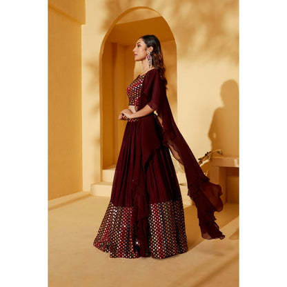 Suruchi Parakh Womens Maroon Mirror Work Blouse with Lehenga and Dupatta (Set of 3)