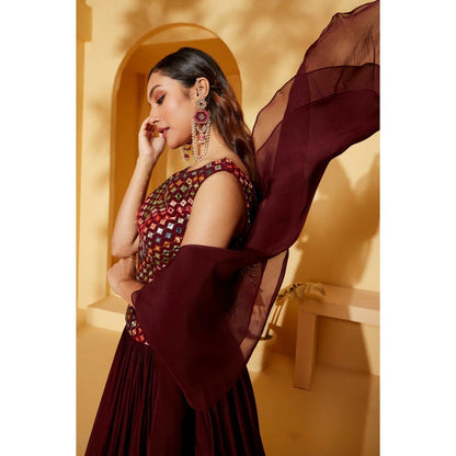 Suruchi Parakh Womens Maroon Mirror Work Blouse with Lehenga and Dupatta (Set of 3)