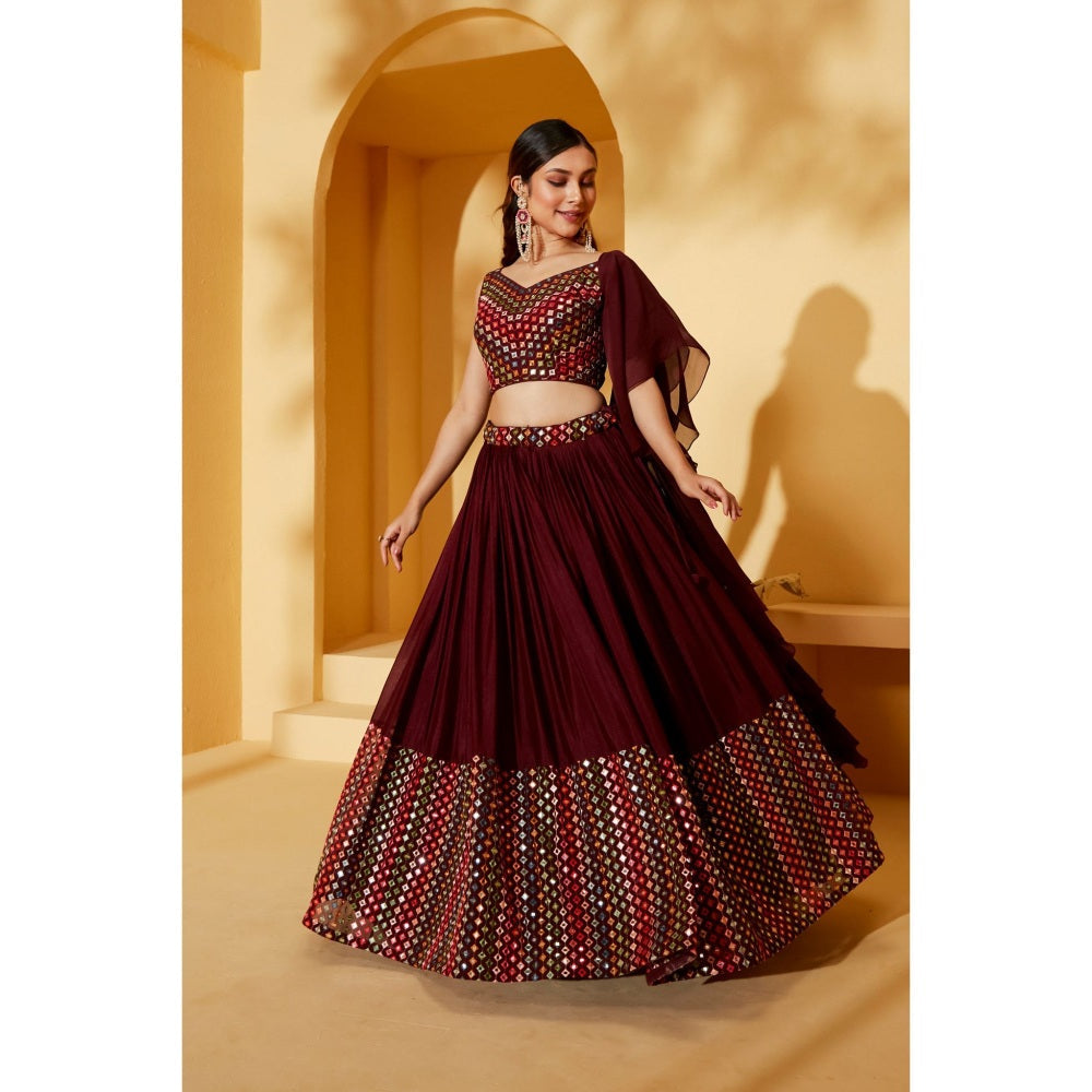 Suruchi Parakh Womens Maroon Mirror Work Blouse with Lehenga and Dupatta (Set of 3)