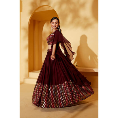 Suruchi Parakh Womens Maroon Mirror Work Blouse with Lehenga and Dupatta (Set of 3)