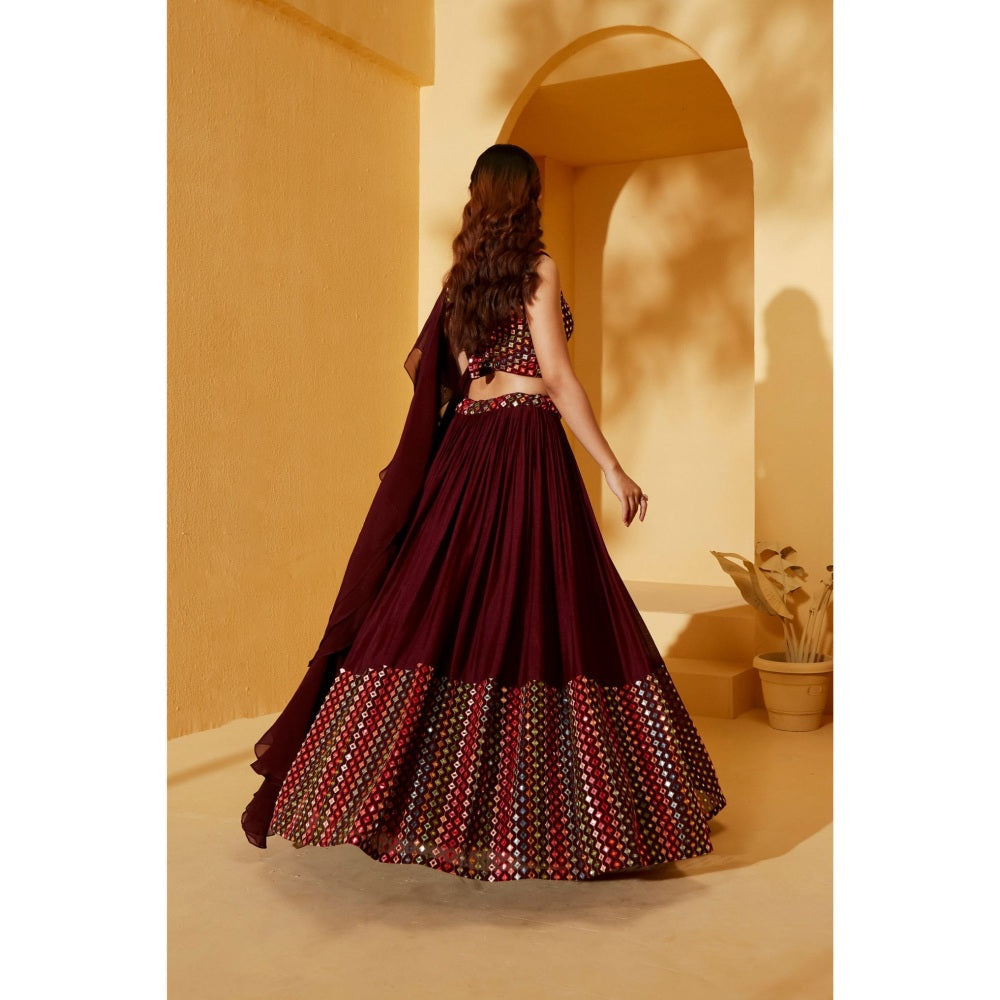 Suruchi Parakh Womens Maroon Mirror Work Blouse with Lehenga and Dupatta (Set of 3)