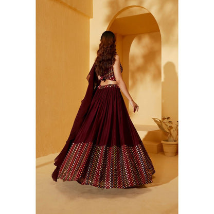 Suruchi Parakh Womens Maroon Mirror Work Blouse with Lehenga and Dupatta (Set of 3)