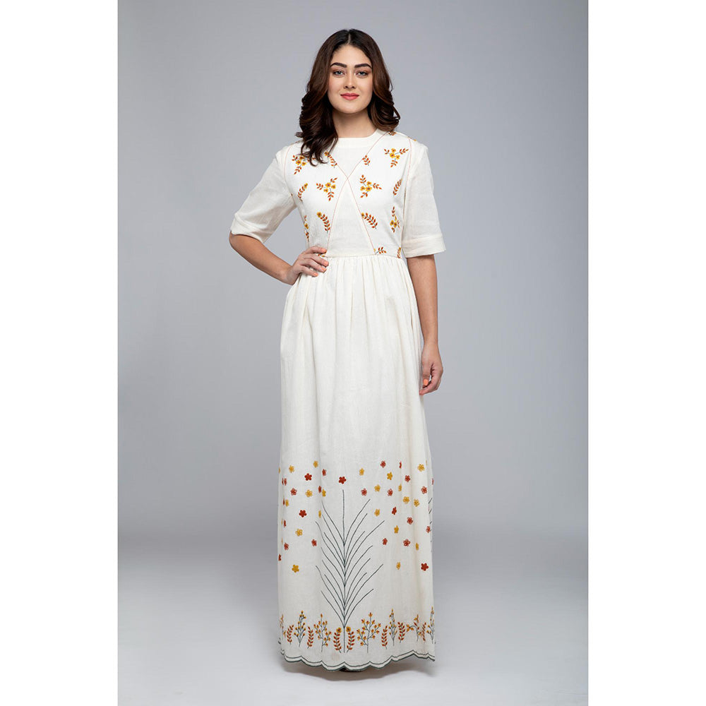 S & V designs Yellow Floral Embroidery Round Neck Maxi Dress