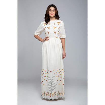 S & V designs Yellow Floral Embroidery Round Neck Maxi Dress