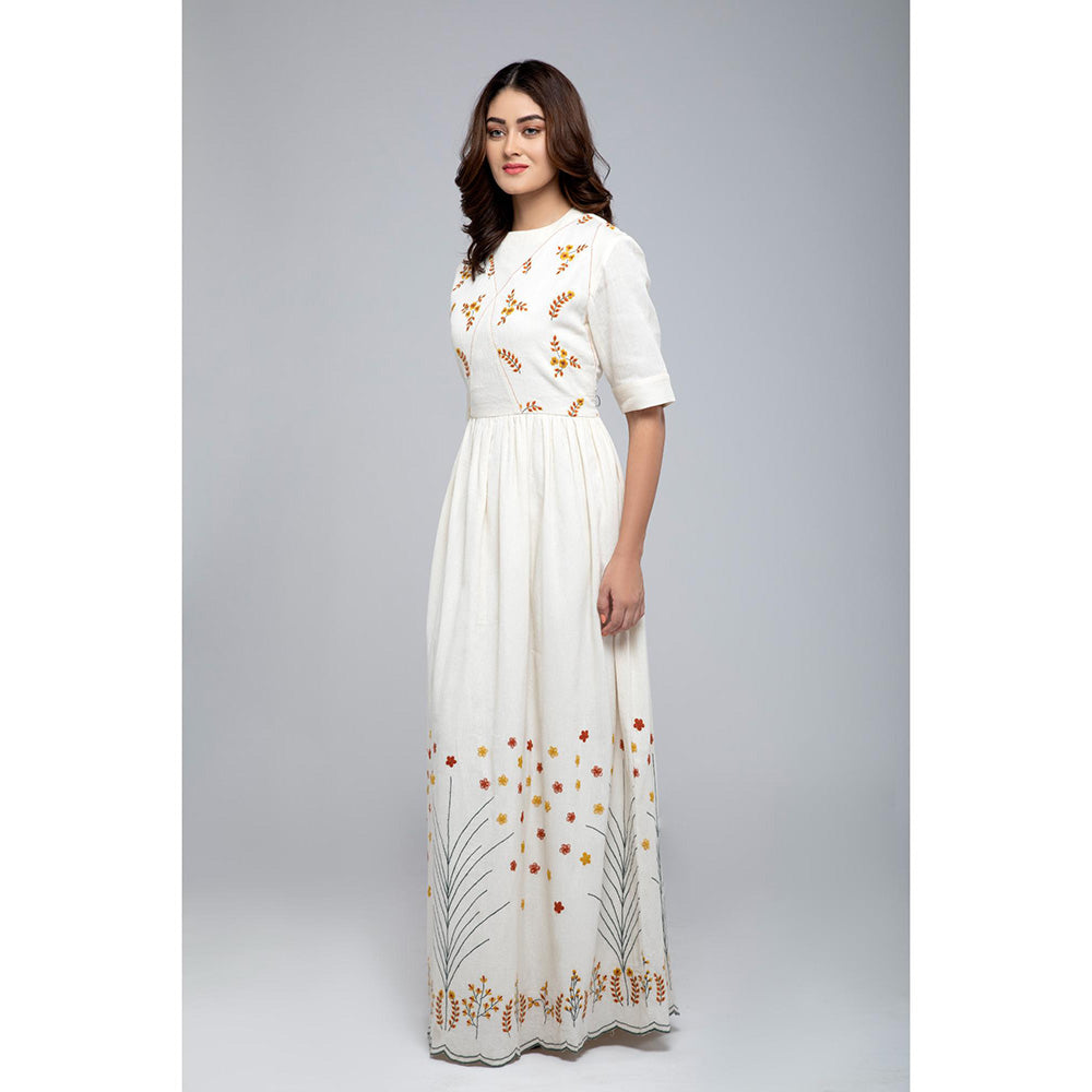 S & V designs Yellow Floral Embroidery Round Neck Maxi Dress