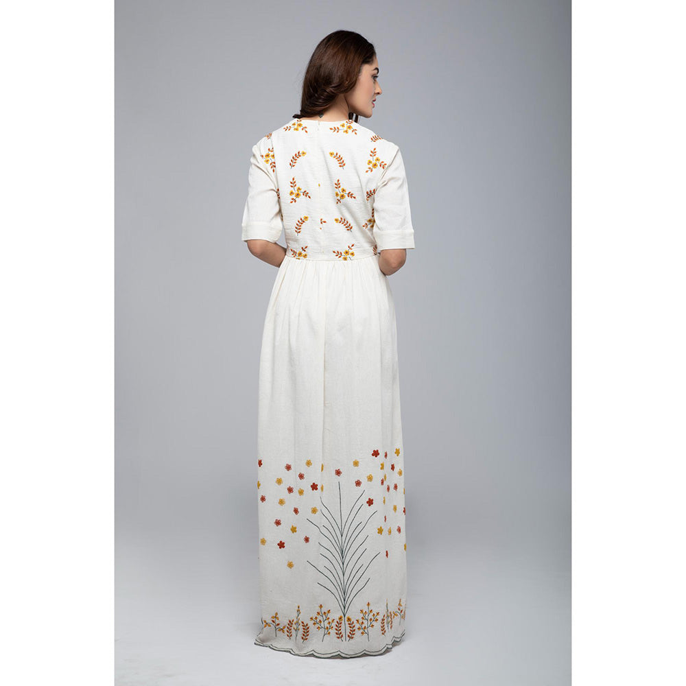 S & V designs Yellow Floral Embroidery Round Neck Maxi Dress