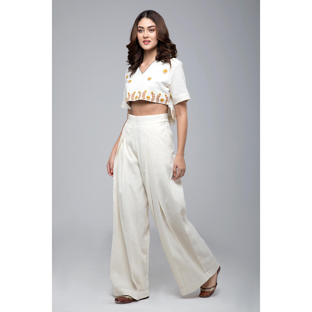 S & V designs Yellow Embroidered Crop Top with Box Pleated Palazzo (Set of 2)