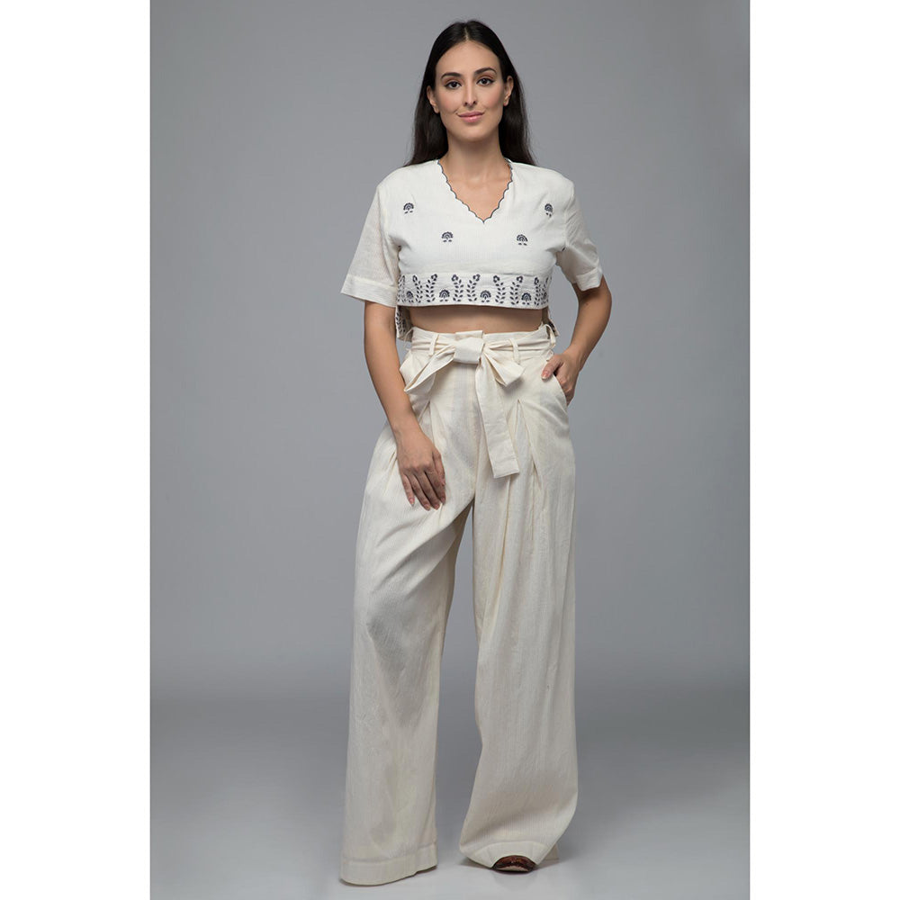 S & V designs Blue Embroidered Crop Top with Box Pleated Palazzo (Set of 2)