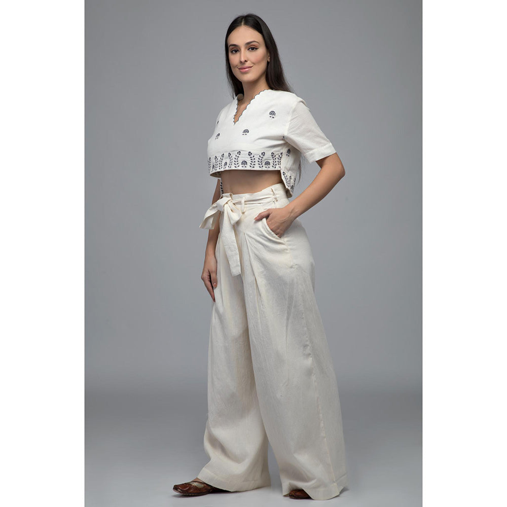S & V designs Blue Embroidered Crop Top with Box Pleated Palazzo (Set of 2)