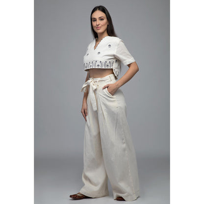 S & V designs Blue Embroidered Crop Top with Box Pleated Palazzo (Set of 2)