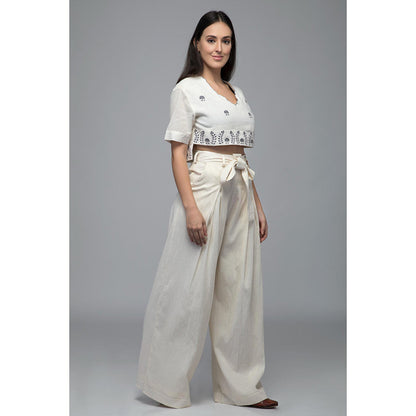 S & V designs Blue Embroidered Crop Top with Box Pleated Palazzo (Set of 2)