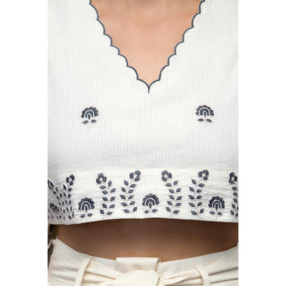 S & V designs Blue Embroidered Crop Top with Box Pleated Palazzo (Set of 2)