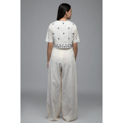 S & V designs Blue Embroidered Crop Top with Box Pleated Palazzo (Set of 2)