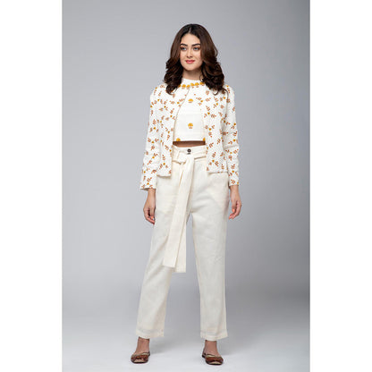S & V designs Yellow Embroidered Crop Top and Jacket with Trouser (Set of 3)