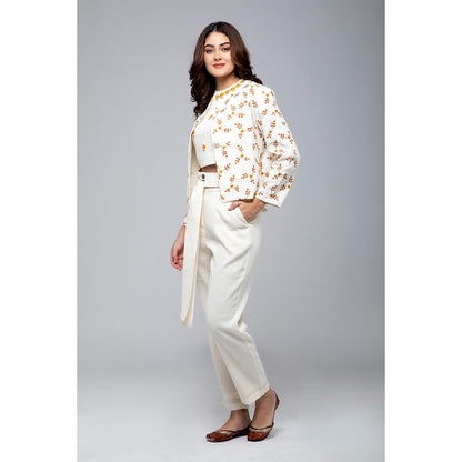 S & V designs Yellow Embroidered Crop Top and Jacket with Trouser (Set of 3)