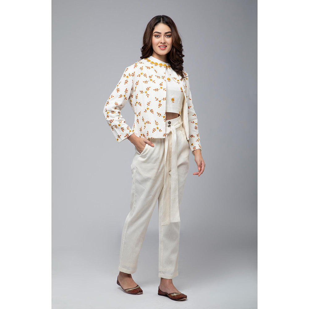 S & V designs Yellow Embroidered Crop Top and Jacket with Trouser (Set of 3)