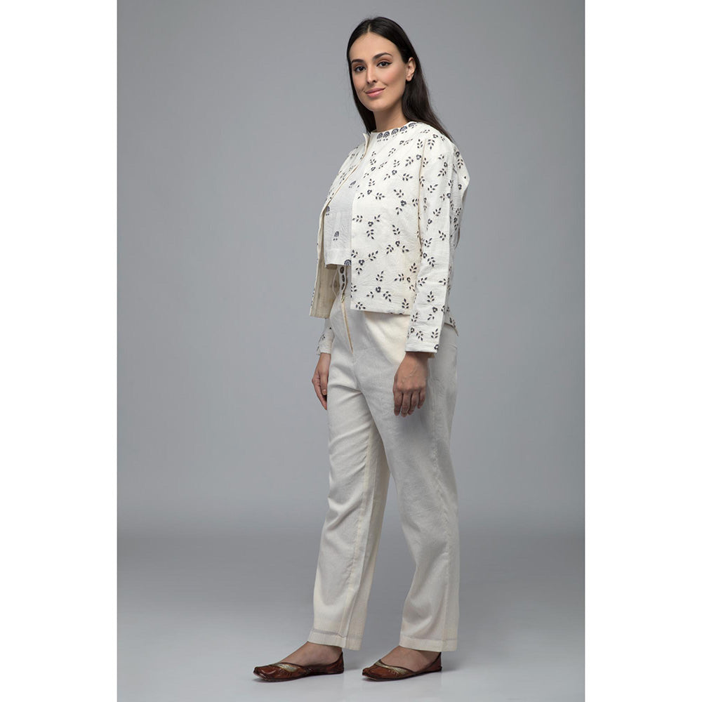 S & V designs Blue Embroidered Crop Top and Jacket with Trouser (Set of 3)