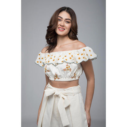 S & V designs Yellow Off Shoulder Embroidered Crop Top with Shorts and Belt (Set of 3)