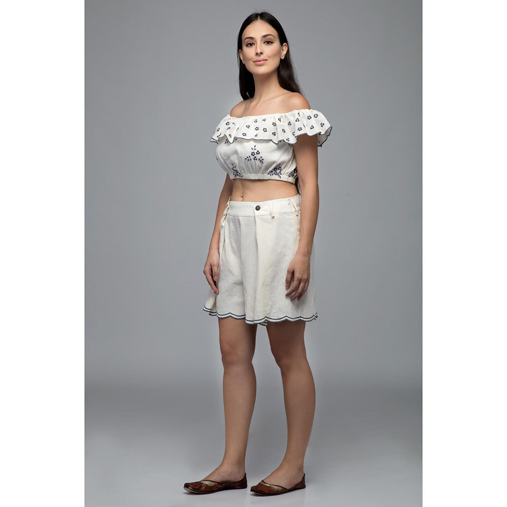 S & V designs Blue Off Shoulder Embroidered Crop Top with Shorts (Set of 2)