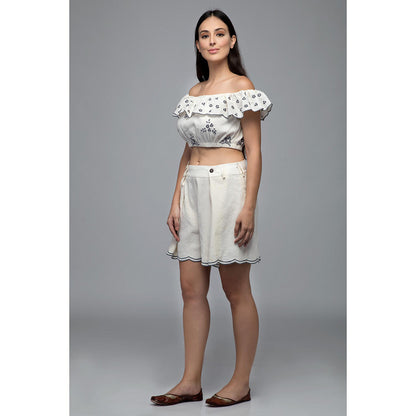 S & V designs Blue Off Shoulder Embroidered Crop Top with Shorts (Set of 2)