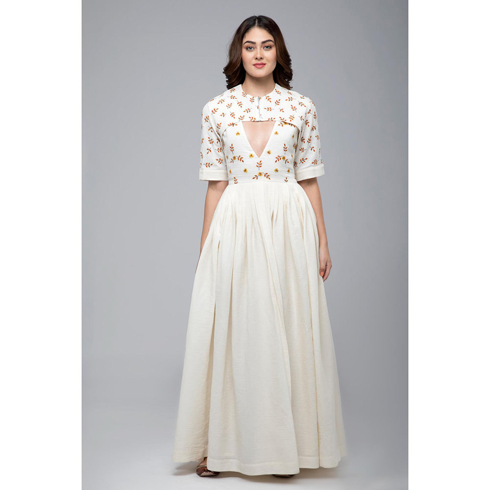 S & V designs Yellow Embroidered Floor Length Sleeveless Gown with Jacket (Set of 2)