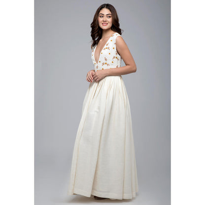 S & V designs Yellow Embroidered Floor Length Sleeveless Gown with Jacket (Set of 2)