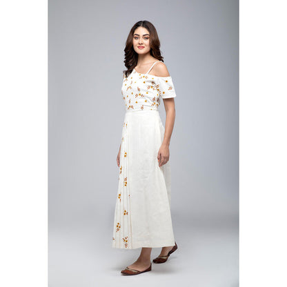 S & V designs Yellow Embroidered Cold Shoulder Sleeve Maxi Dress