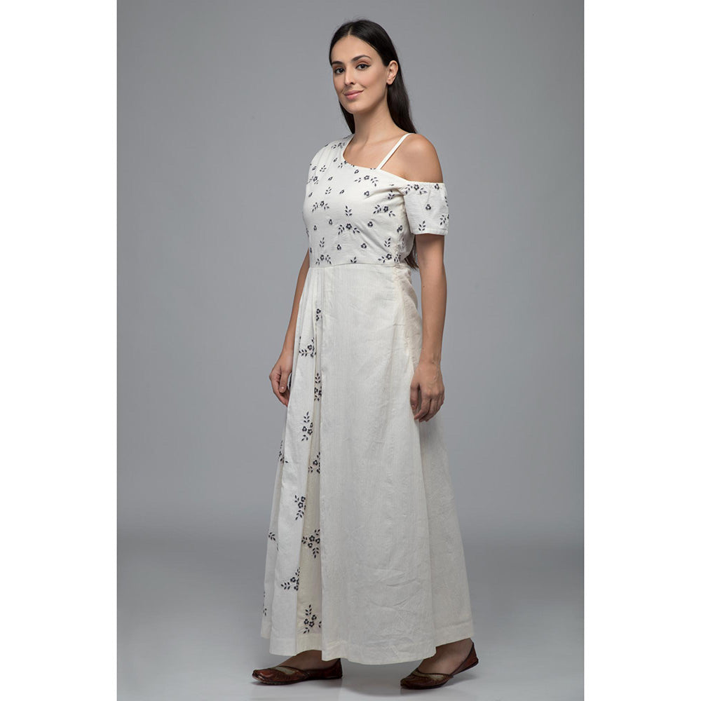 S & V designs Blue Embroidered Cold Shoulder Sleeve Maxi Dress